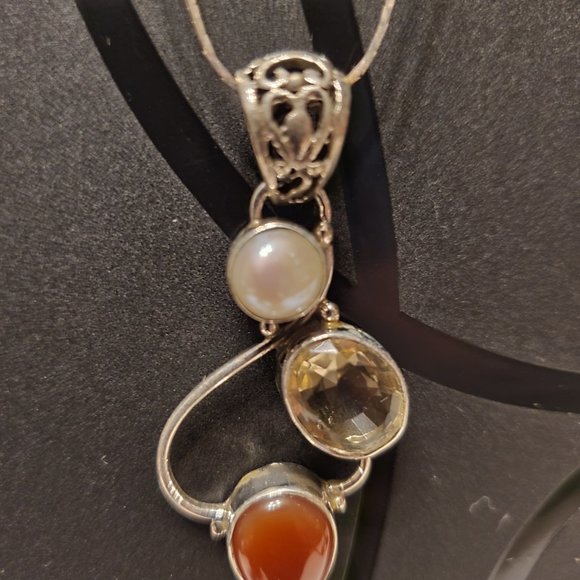 CARNELIAN, CITRINE AND PEARL STERLING SILVER PENDANT - Picture 2 of 8